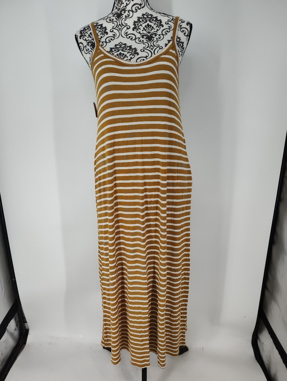 Rae Mode Women's Striped Mustard and White Spaghetti Strap Maxi Dress Size Small
